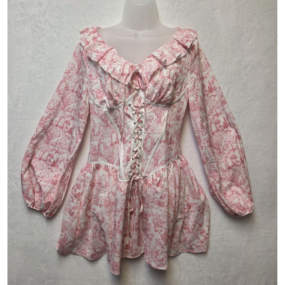 Victorian Women Corset Milkmaid Dress Sz L Pink Floral Romantic Renaissance